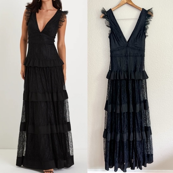 NWOT Marvelous Darling Black Lace Ruffled Tiered Maxi Dress - Picture 1 of 9